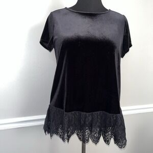 Adrianna Papell Black Velvet Lace Trim Top Designer Formal‎ Whimsigoth